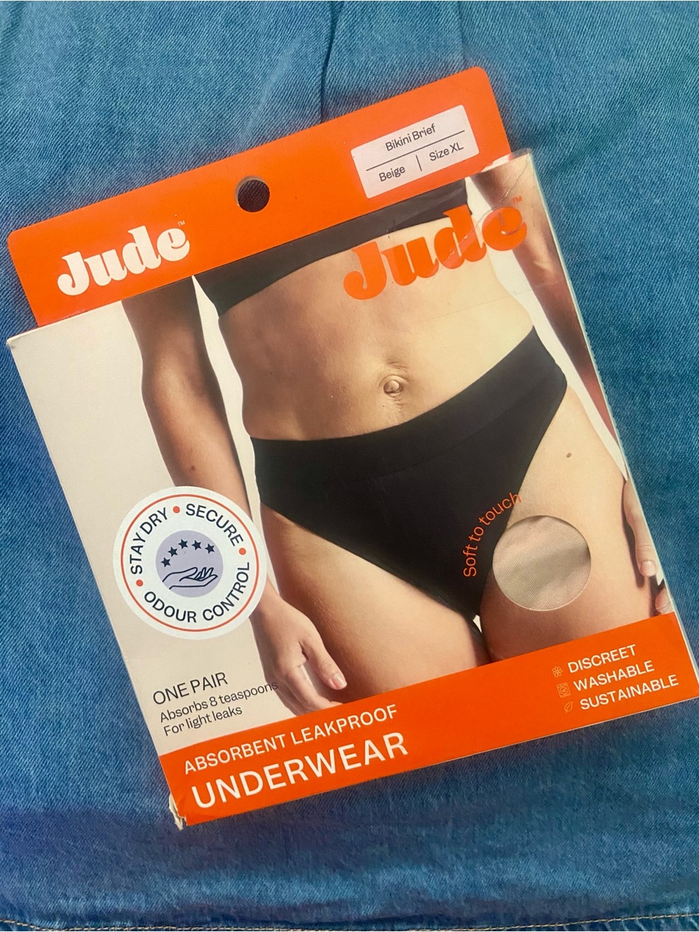 SIZE XL Absorbent Leakproof Briefs by Jude - Color Beige NEW IN BOX